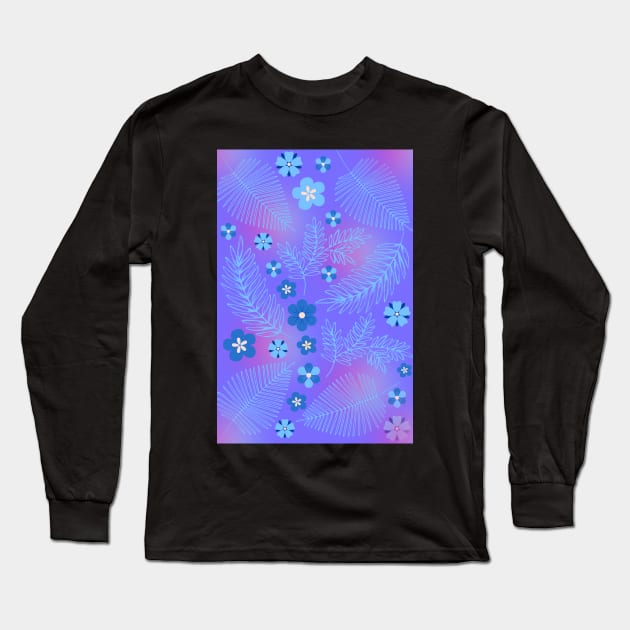 Light Blue leaves and flowers pattern Long Sleeve T-Shirt by PedaDesign